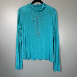 Thalia Sodi Womens Turquoise Crystal Turtleneck Top - Size XL - Embellished Glam